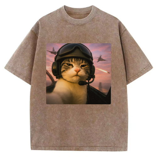 Flying Combat Cat Washed T-shirt - Image 4