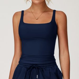 Badge Blue Square Neck Ruched Waist Athletic Crop Tank