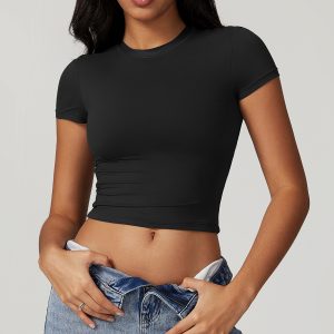 Premium Black Crew Neck Stretchy Short Sleeve Crop Tee