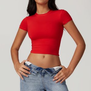 Cherry Red Crew Neck Stretchy Short Sleeve Crop Tee