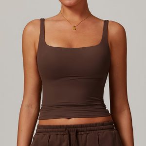 Mocha Brown Square Neck Ruched Waist Slim Fit Tank Top