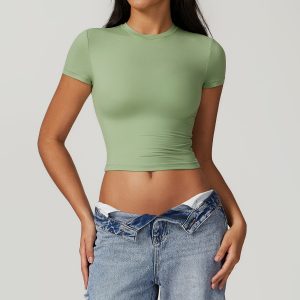 Neptune Green Crew Neck Slim Fit Short Sleeve Crop Top