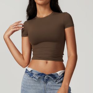 Chocolate Brown Crew Neck Stretchy Short Sleeve Crop Tee