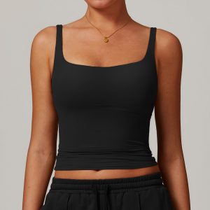 Premium Black Square Neck Stretchy Ruched Workout Tank