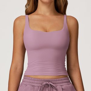 Lilac Pink Square Neck Ruched Waist Yoga Tank Top