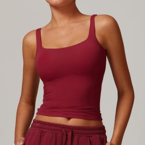 Cherry Red Square Neck Slim Fit Ruched Workout Top
