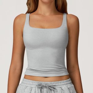 Frost Grey Square Neck Slim Fit Ruched Yoga Tank