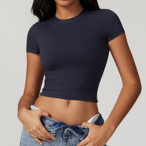 Badge Blue Crew Neck Slim Fit Short Sleeve Crop Top